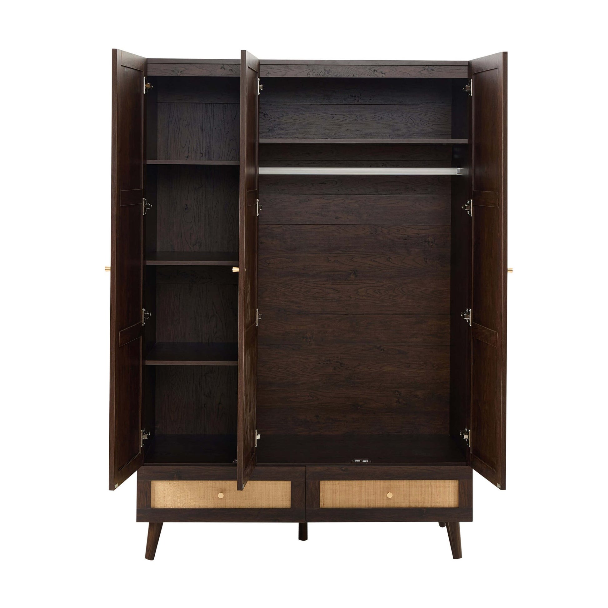Raven Rattan 3 Door Wardrobe with Drawers - Walnut - DUSK