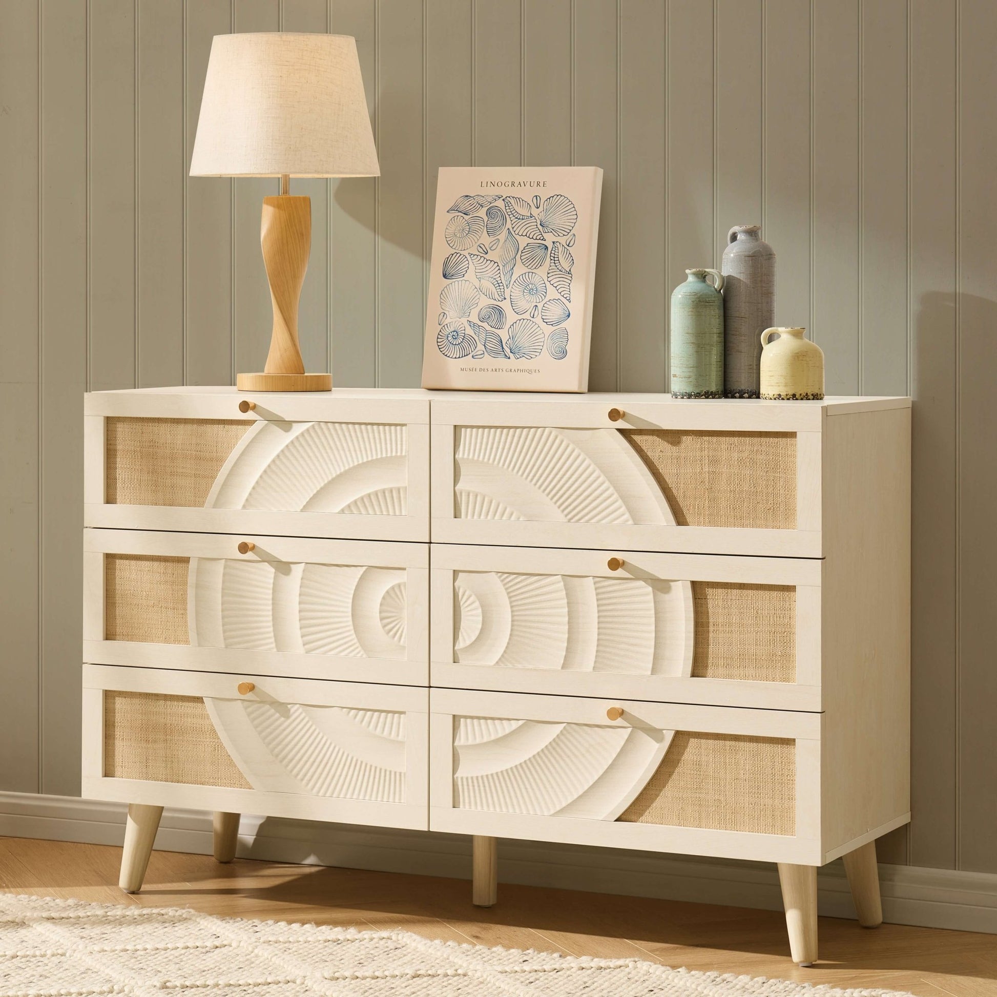 Raven Rattan 6 Drawer Chest - Cream Oak Effect - DUSK