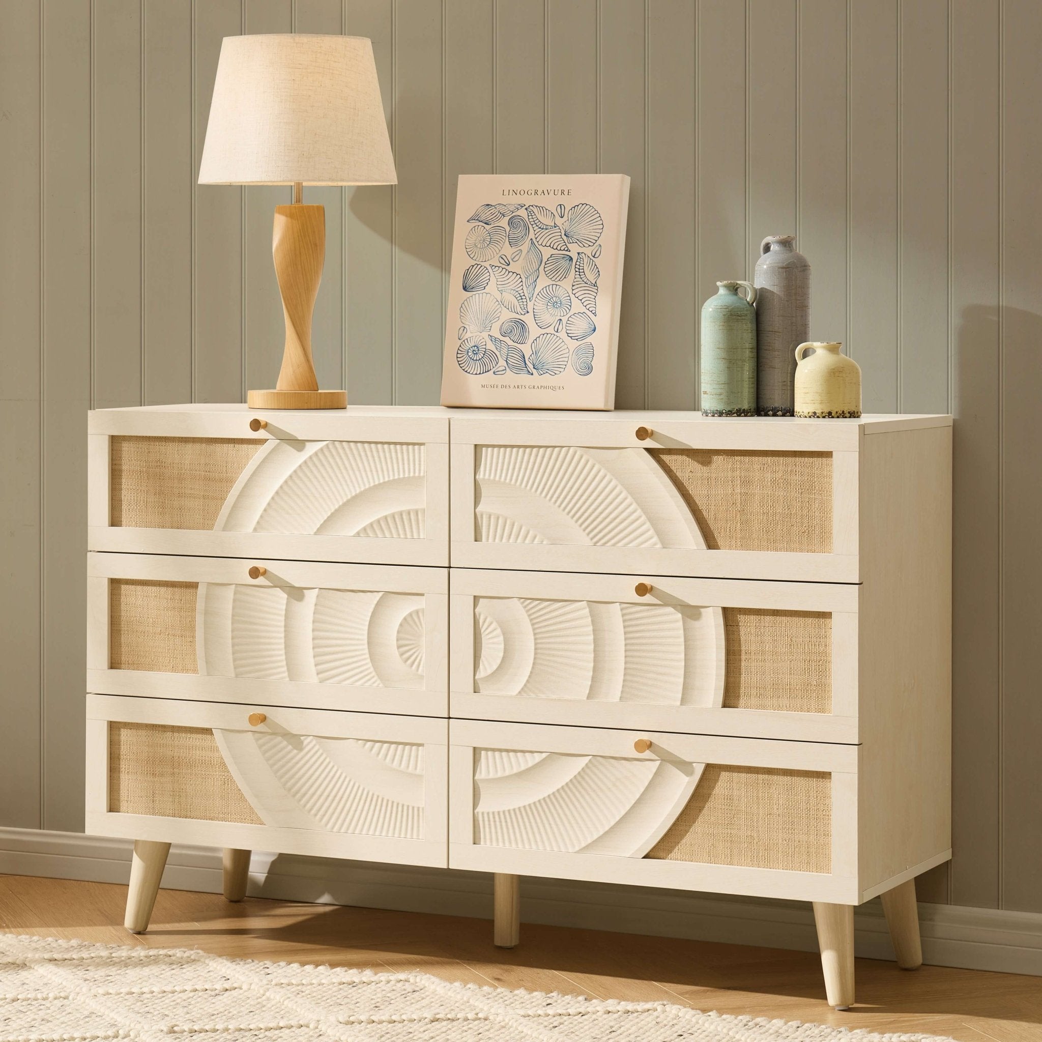 Raven Rattan 6 Drawer Chest - Cream Oak Effect - DUSK