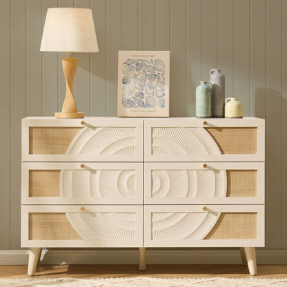 Raven Rattan 6 Drawer Chest - Cream Oak Effect - DUSK