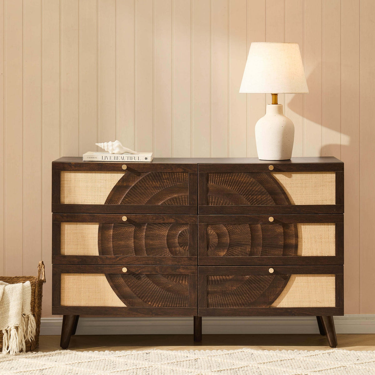 Raven Rattan 6 Drawer Chest - Walnut - DUSK