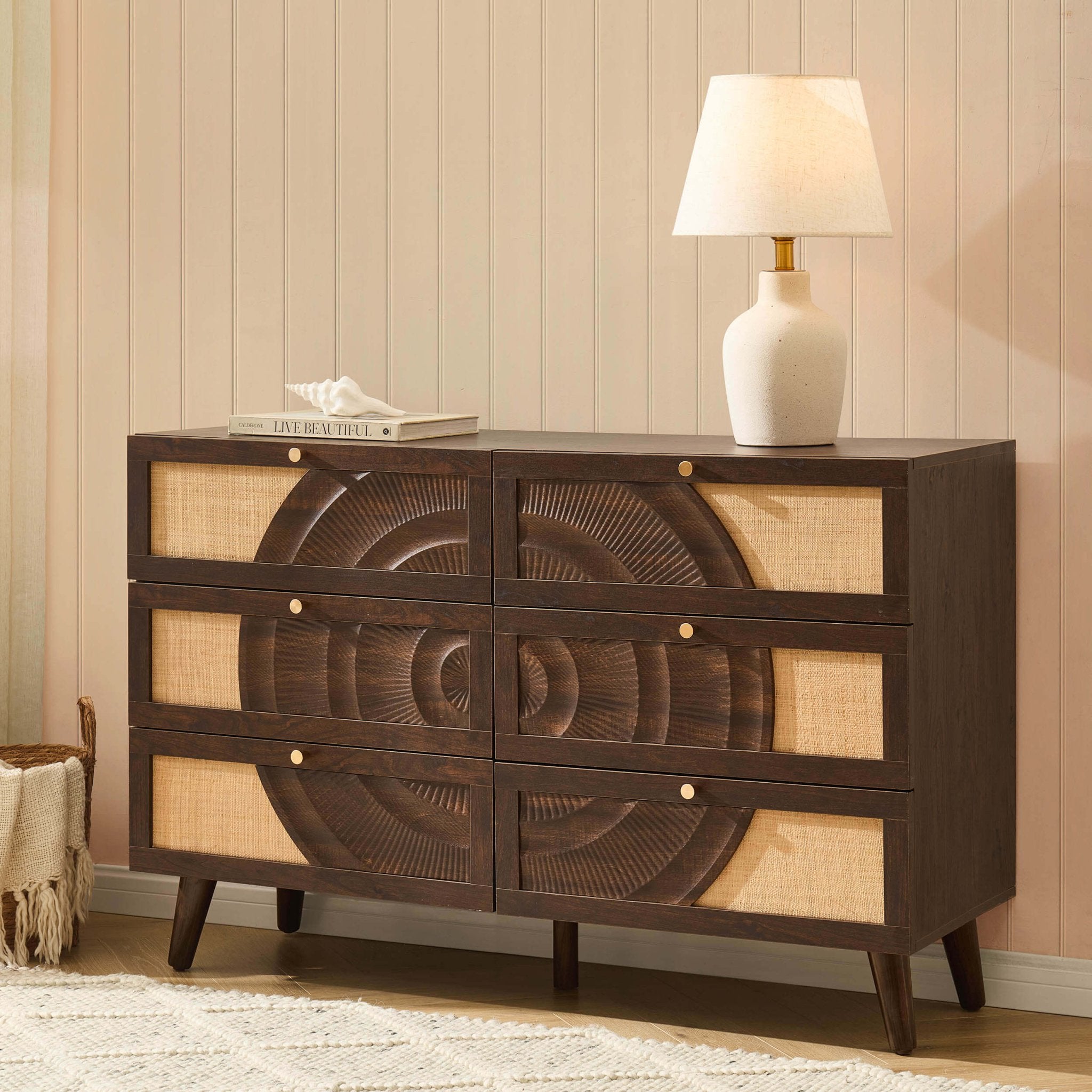 Raven Rattan 6 Drawer Chest - Walnut - DUSK