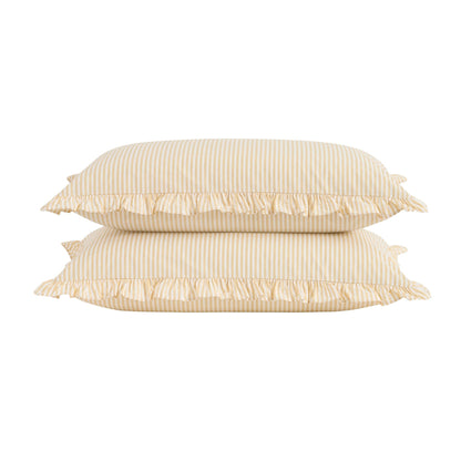 Remy 200 Thread Count Shirting Stripe Print Ruffle Edge Duvet Cover Set - Buttermilk - DUSK