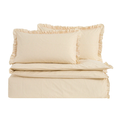 Remy 200 Thread Count Shirting Stripe Print Ruffle Edge Duvet Cover Set - Buttermilk - DUSK