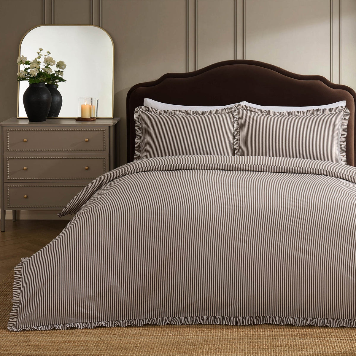 Remy 200 Thread Count Shirting Stripe Print Ruffle Edge Duvet Cover Set - Mocha - DUSK