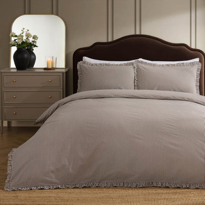 Remy 200 Thread Count Shirting Stripe Print Ruffle Edge Duvet Cover Set - Mocha - DUSK