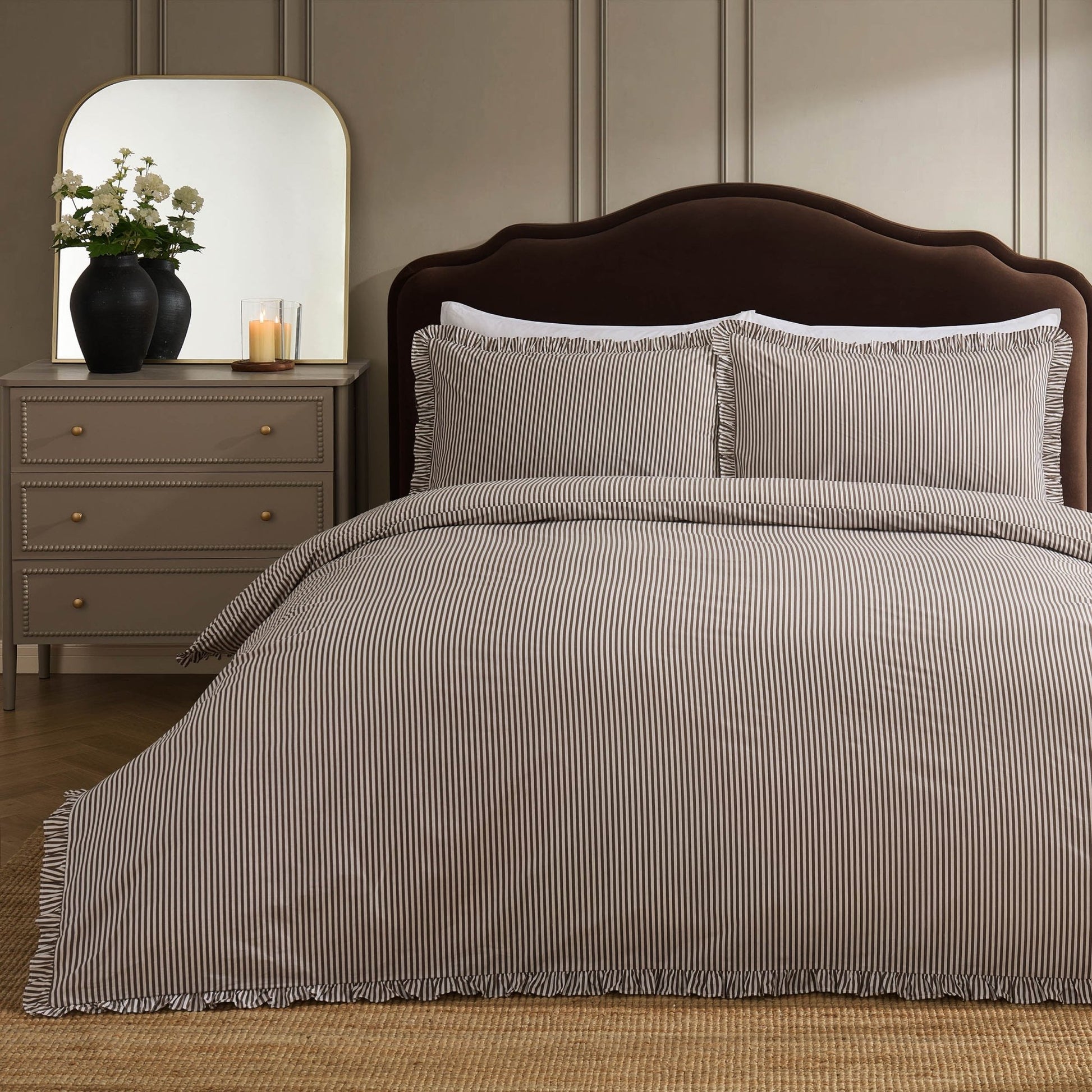 Remy 200 Thread Count Shirting Stripe Print Ruffle Edge Duvet Cover Set - Mocha - DUSK