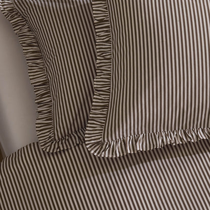 Remy 200 Thread Count Shirting Stripe Print Ruffle Edge Duvet Cover Set - Mocha - DUSK