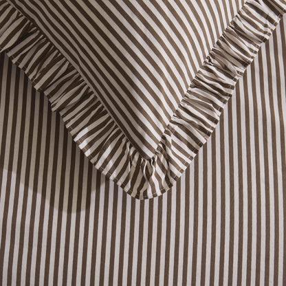Remy 200 Thread Count Shirting Stripe Print Ruffle Edge Duvet Cover Set - Mocha - DUSK