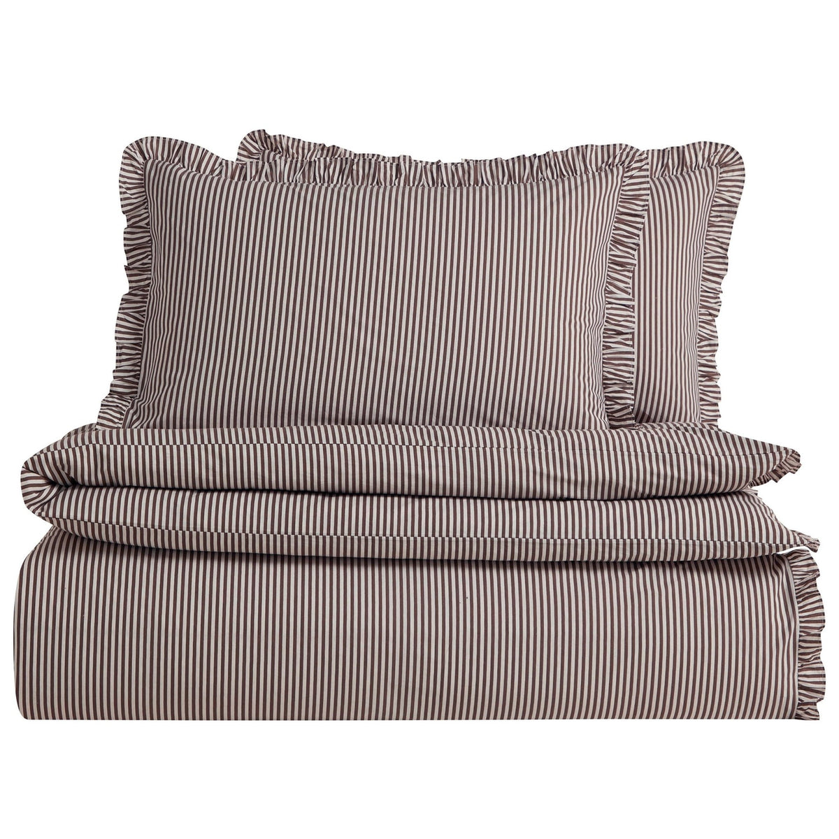 Remy 200 Thread Count Shirting Stripe Print Ruffle Edge Duvet Cover Set - Mocha - DUSK