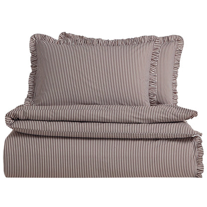 Remy 200 Thread Count Shirting Stripe Print Ruffle Edge Duvet Cover Set - Mocha - DUSK
