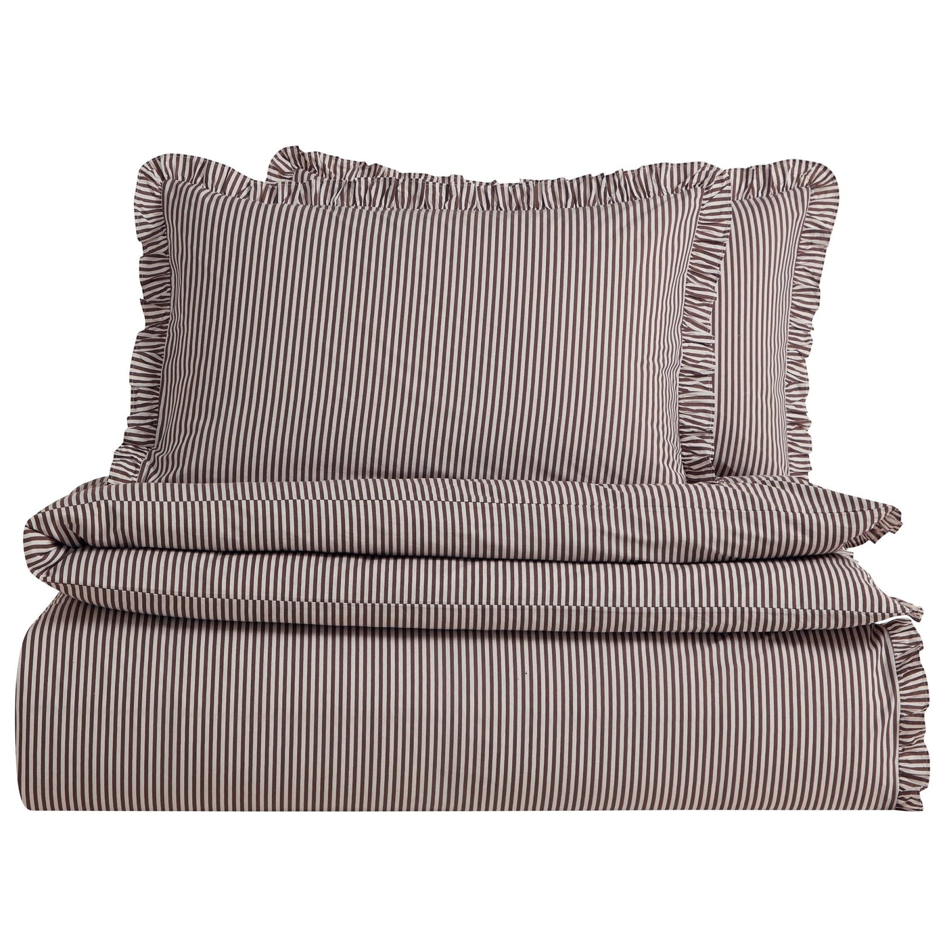 Remy 200 Thread Count Shirting Stripe Print Ruffle Edge Duvet Cover Set - Mocha - DUSK