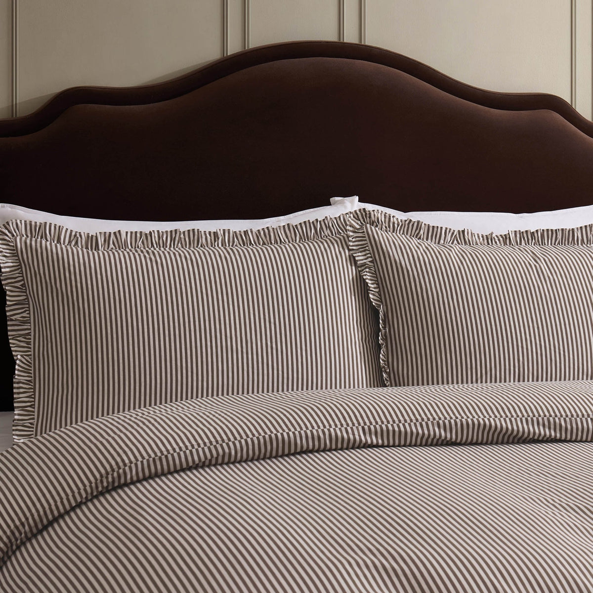 Remy 200 Thread Count Shirting Stripe Print Ruffle Edge Duvet Cover Set - Mocha - DUSK