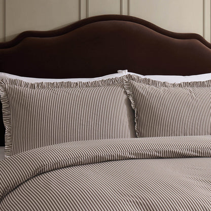 Remy 200 Thread Count Shirting Stripe Print Ruffle Edge Duvet Cover Set - Mocha - DUSK