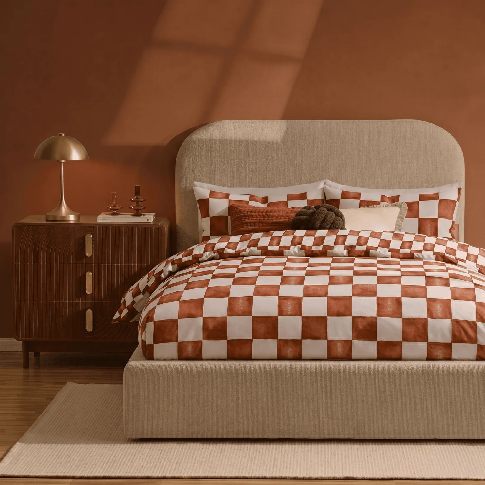Retro Checkerboard 100% Cotton Duvet Cover & Pillowcase Set - Burnt Orange - DUSK