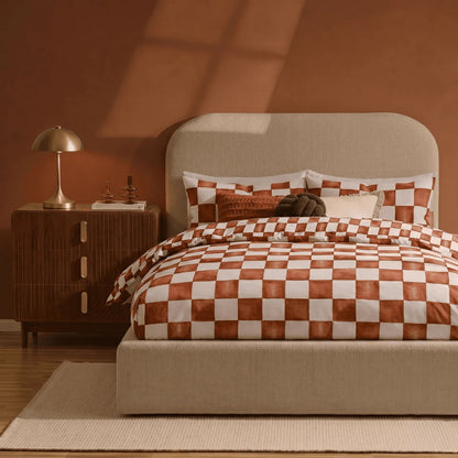 Retro Checkerboard 100% Cotton Duvet Cover & Pillowcase Set - Burnt Orange - DUSK