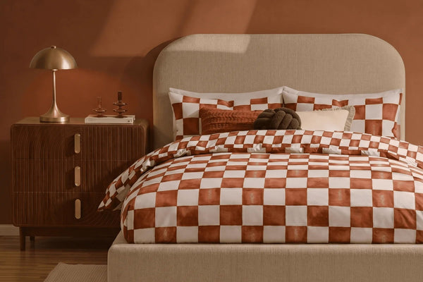 Retro Checkerboard 100% Cotton Duvet Cover & Pillowcase Set - Burnt Orange - DUSK