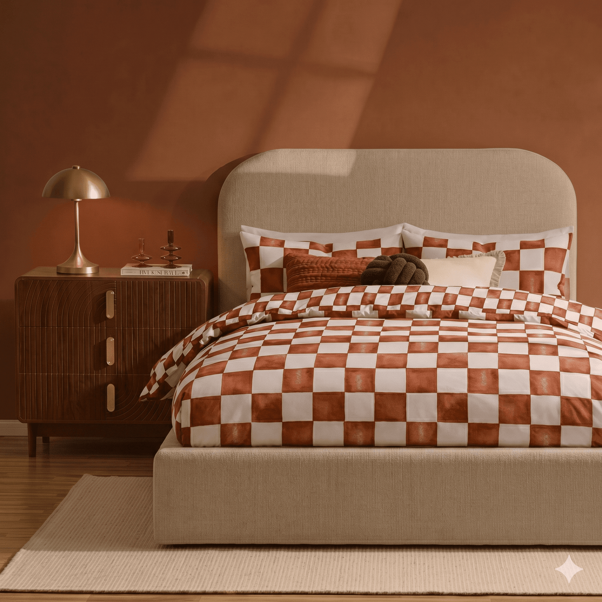 Retro Checkerboard 100% Cotton Duvet Cover & Pillowcase Set - Burnt Orange - DUSK