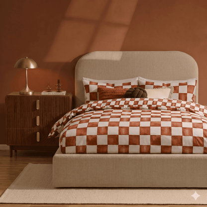 Retro Checkerboard 100% Cotton Duvet Cover & Pillowcase Set - Burnt Orange - DUSK