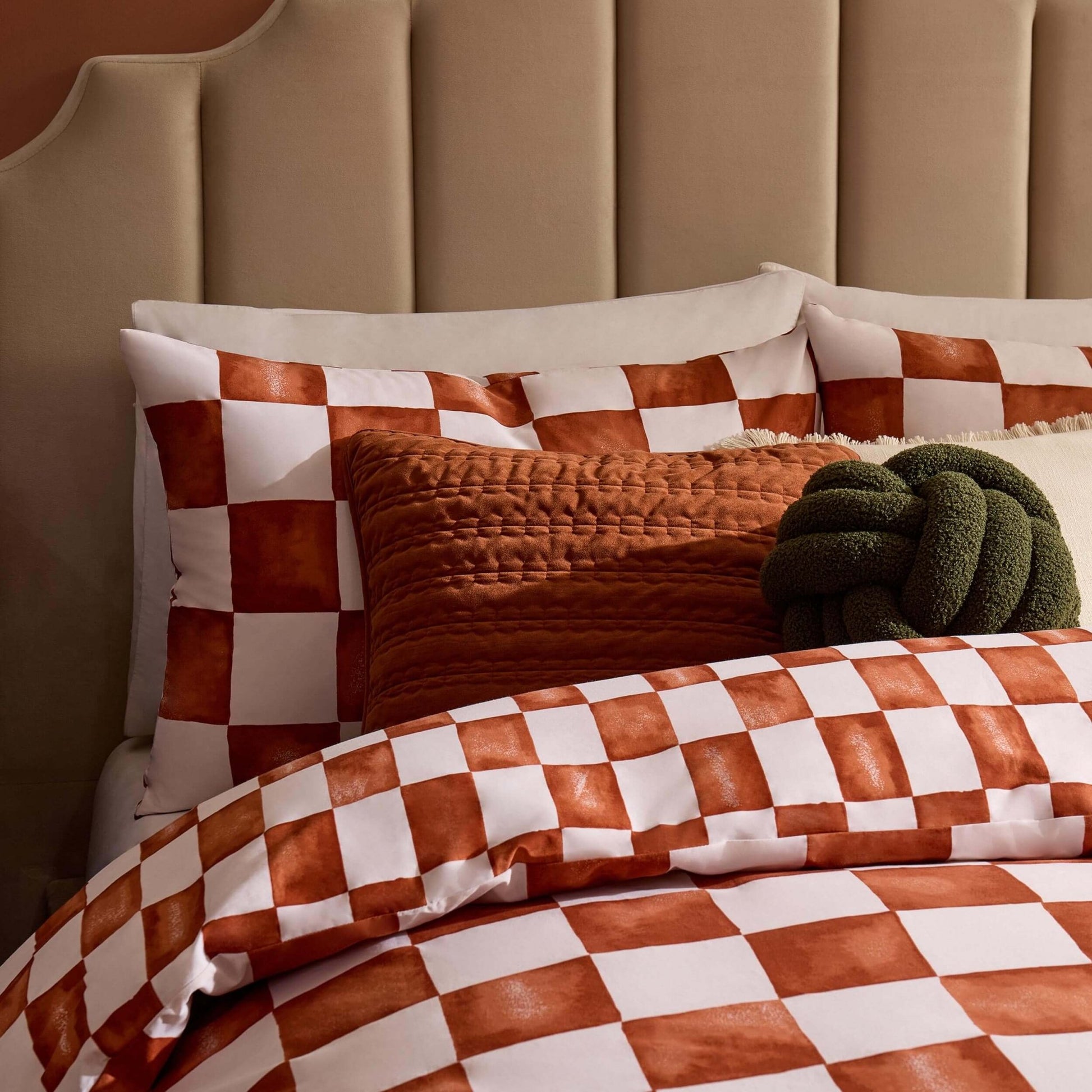 Retro Checkerboard 100% Cotton Duvet Cover & Pillowcase Set - Burnt Orange - DUSK