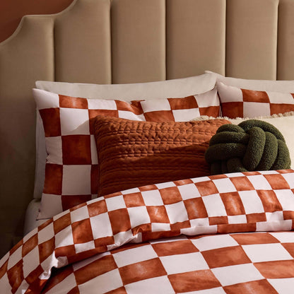 Retro Checkerboard 100% Cotton Duvet Cover & Pillowcase Set - Burnt Orange - DUSK