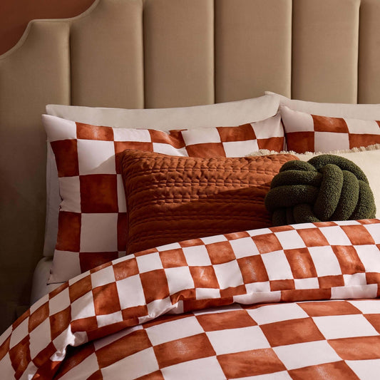 Retro Checkerboard 100% Cotton Duvet Cover & Pillowcase Set - Burnt Orange - DUSK