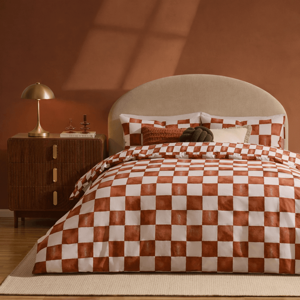 Retro Checkerboard 100% Cotton Duvet Cover & Pillowcase Set - Burnt Orange - DUSK