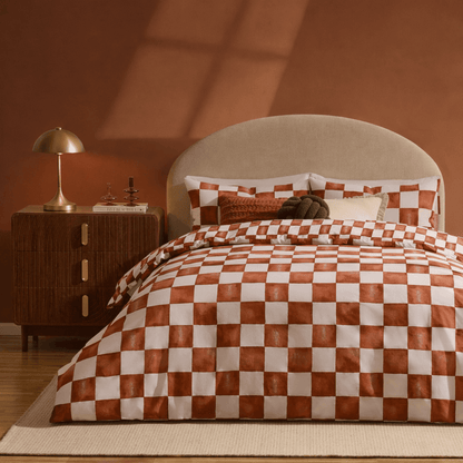 Retro Checkerboard 100% Cotton Duvet Cover & Pillowcase Set - Burnt Orange - DUSK