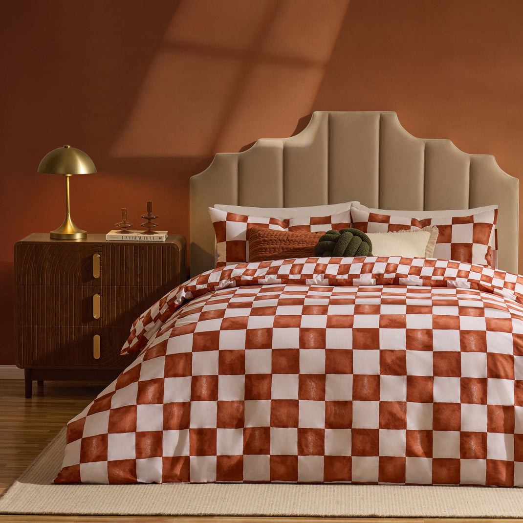 Retro Checkerboard 100% Cotton Duvet Cover & Pillowcase Set - Burnt Orange - DUSK