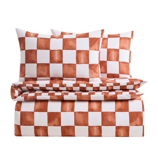 Retro Checkerboard 100% Cotton Duvet Cover & Pillowcase Set - Burnt Orange - DUSK
