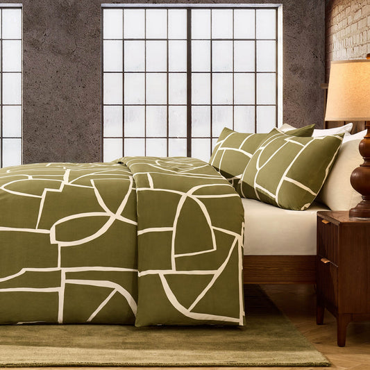 Reuben 100% Cotton Tile Print Duvet Cover & Pillowcase Set - Olive - DUSK