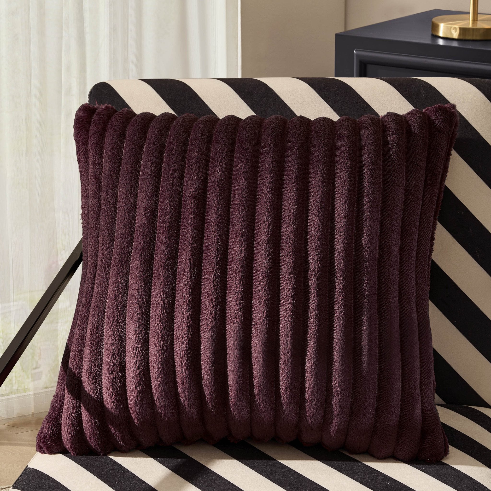 Ribbed Flannel Faux Fur Sofa Cushion Cover - Aubergine - DUSK