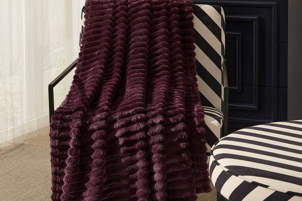 Ribbed Flannel Faux Fur Sofa Throw - Aubergine - DUSK