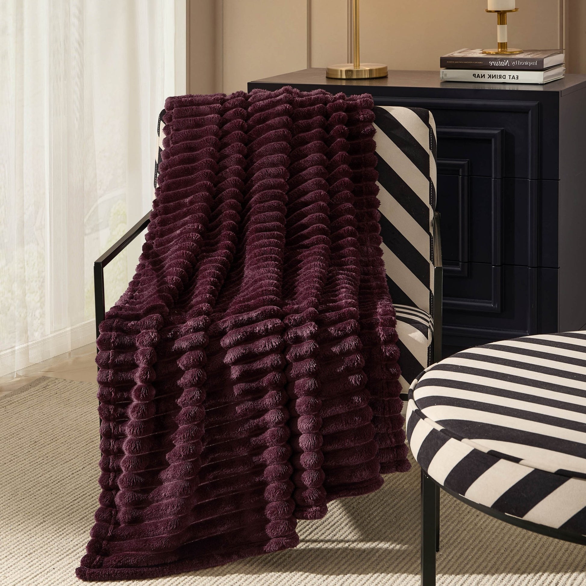 Ribbed Flannel Faux Fur Sofa Throw - Aubergine - DUSK