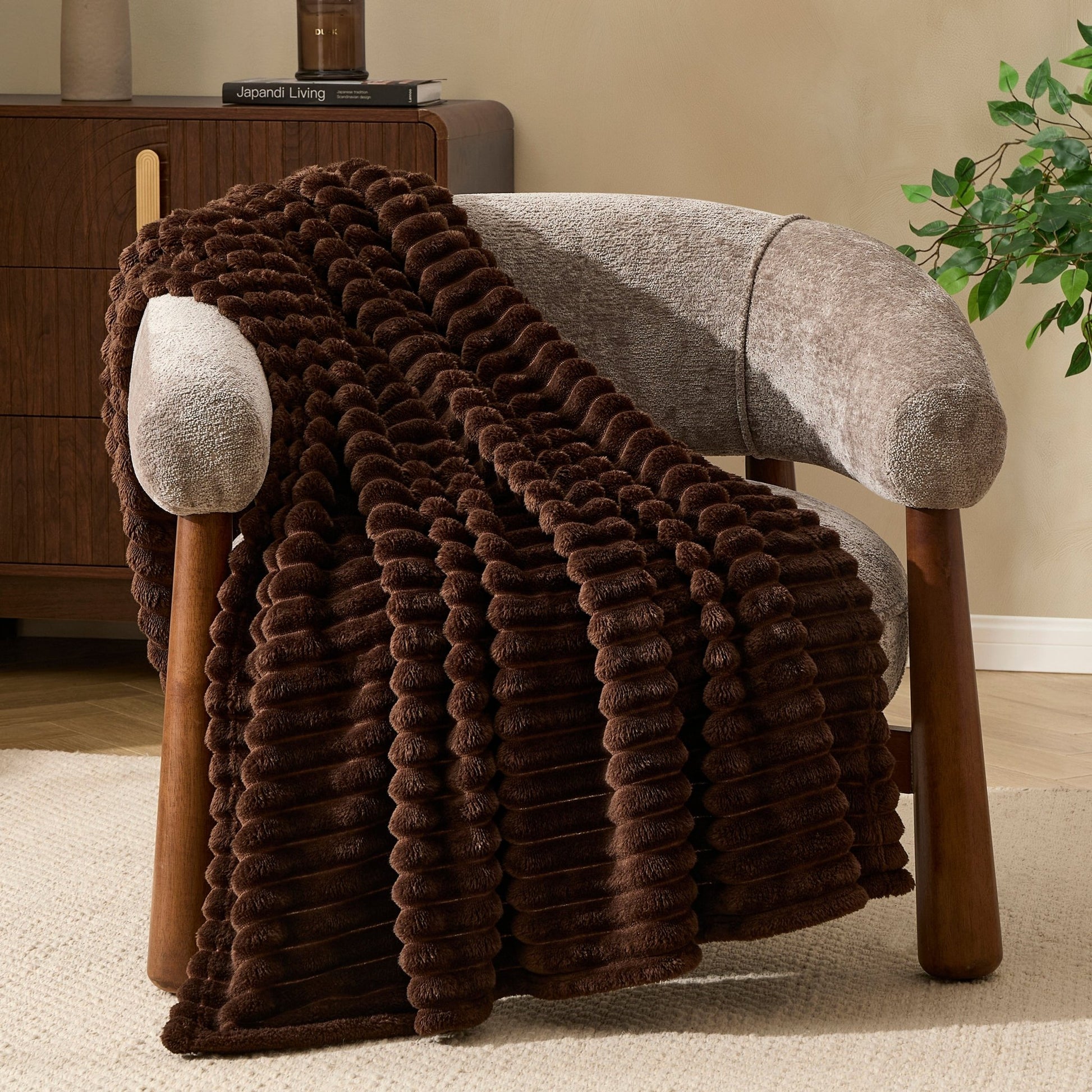Ribbed Flannel Faux Fur Sofa Throw - Chocolate - DUSK