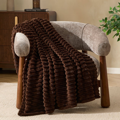 Ribbed Flannel Faux Fur Sofa Throw - Chocolate - DUSK