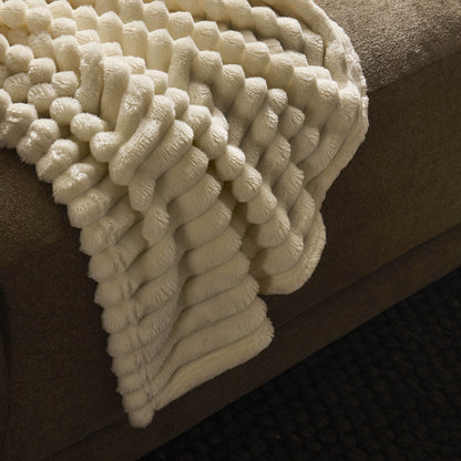 Ribbed Flannel Faux Fur Sofa Throw - Cream - DUSK