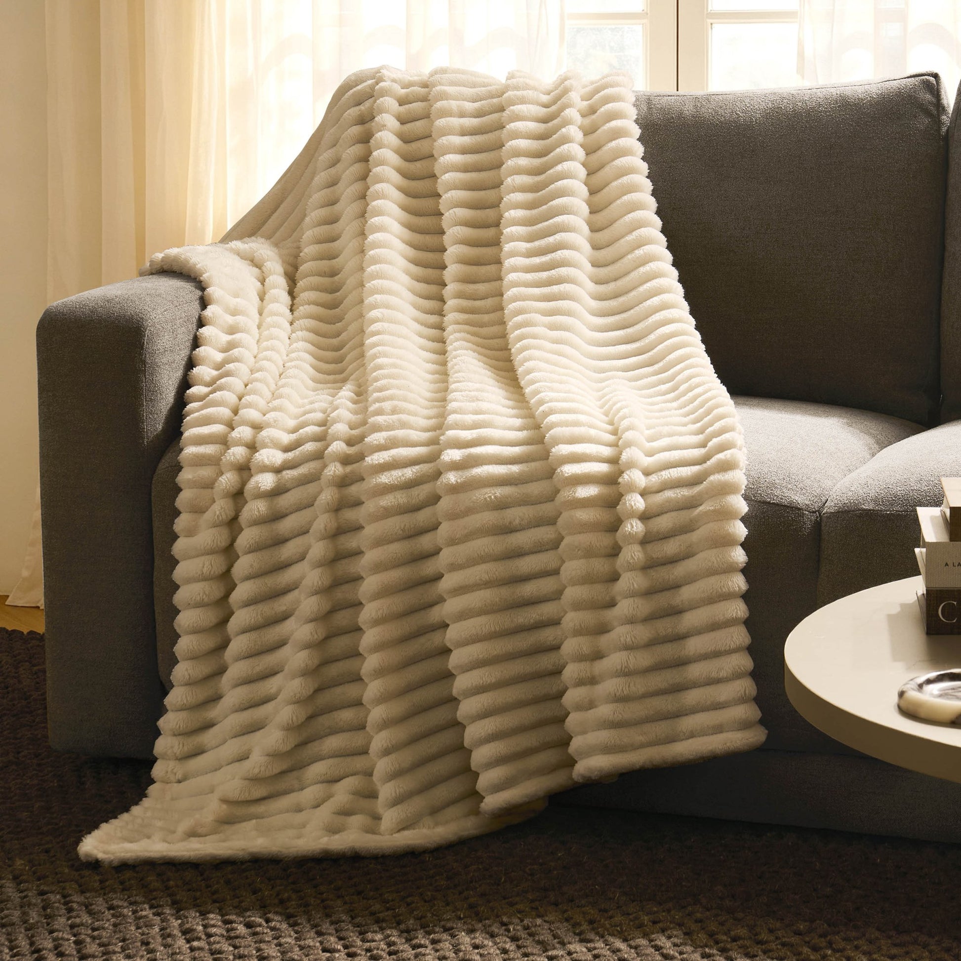 Ribbed Flannel Faux Fur Sofa Throw - Cream - DUSK