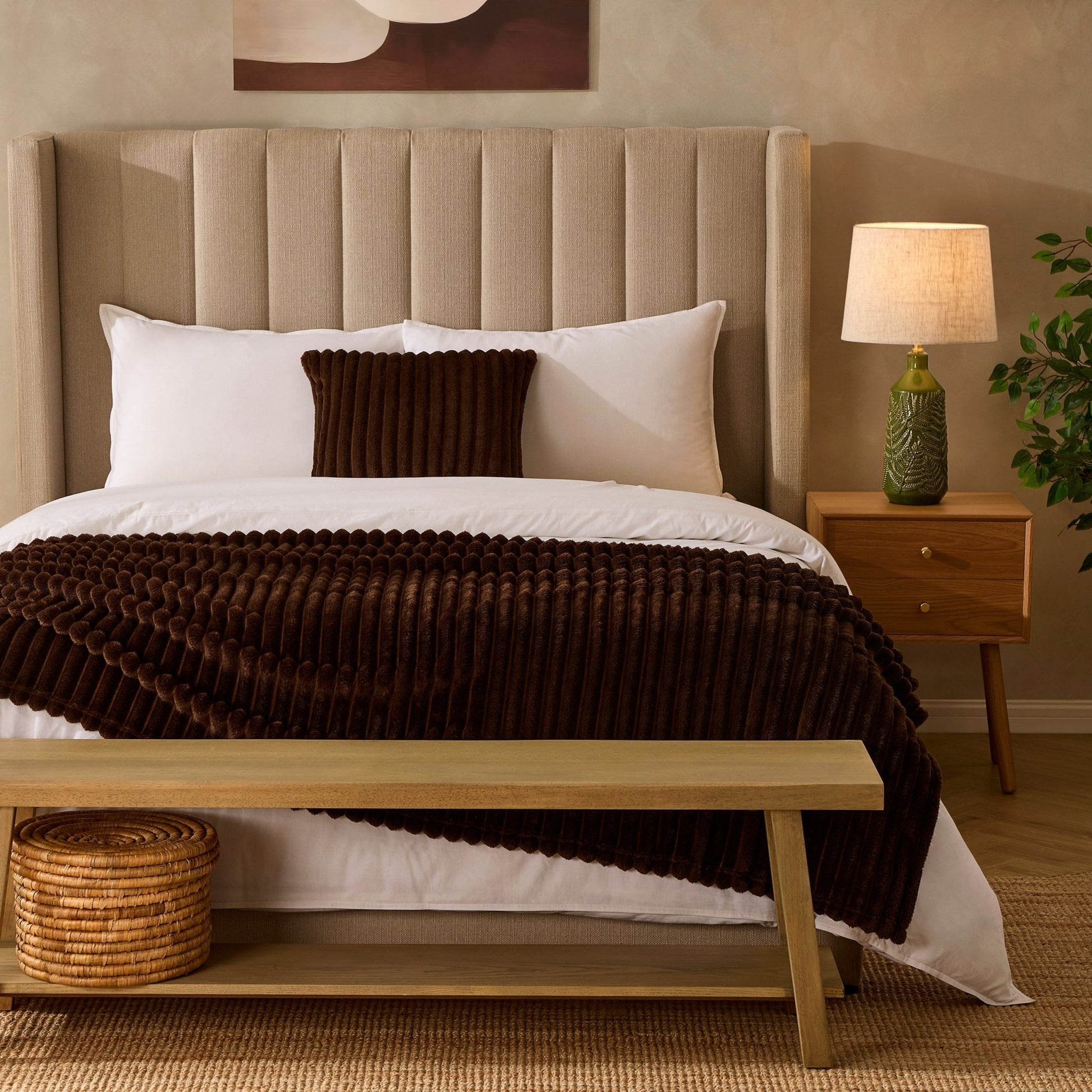 Ribbed Flannel Faux Fur Throw - Chocolate - DUSK