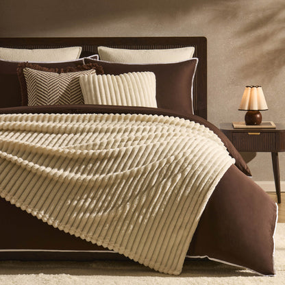 Ribbed Flannel Faux Fur Throw - Cream - DUSK