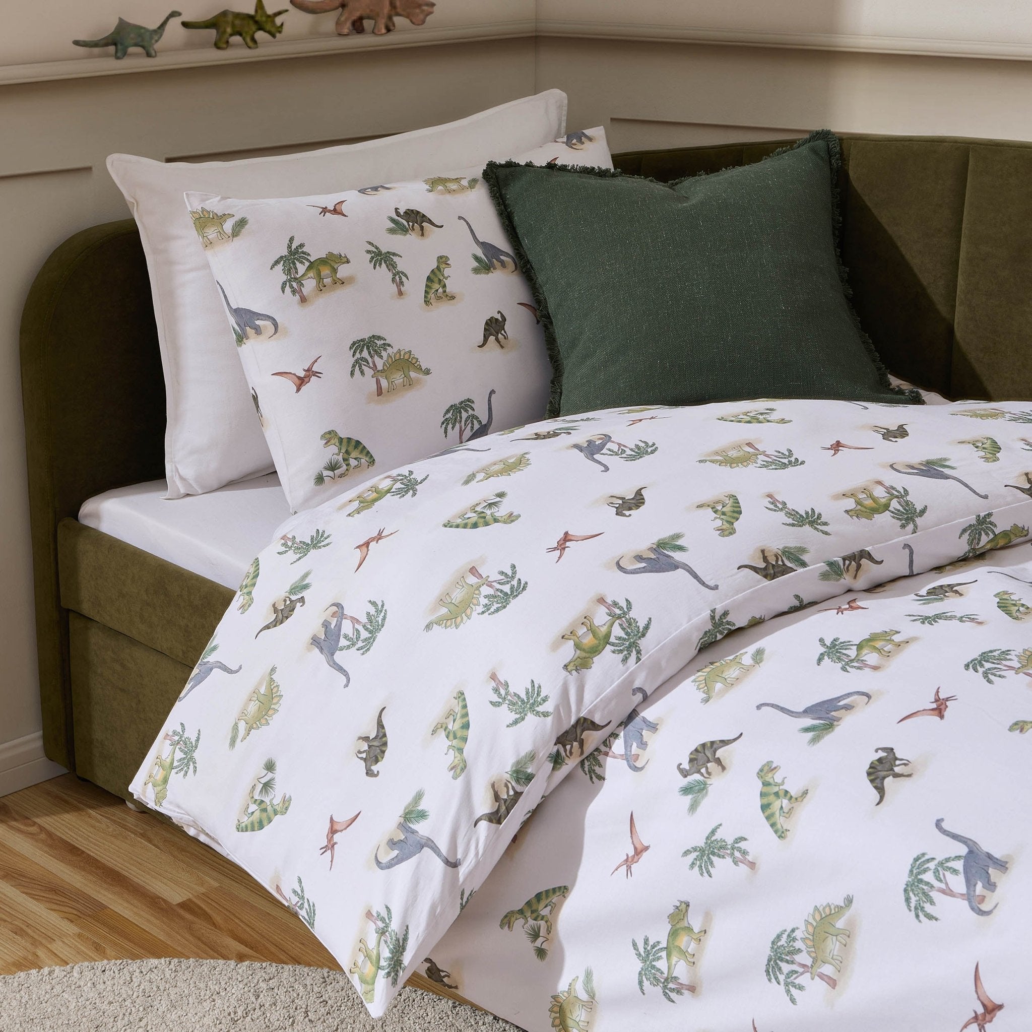 Riley 100% Cotton Dino Print Duvet Cover Set - Green - DUSK
