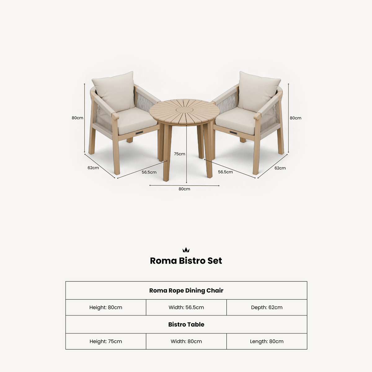 Roma Outdoor 2 Seater Round Bistro Table and Dining Chairs - Beige - DUSK