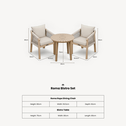 Roma Outdoor 2 Seater Round Bistro Table and Dining Chairs - Beige - DUSK