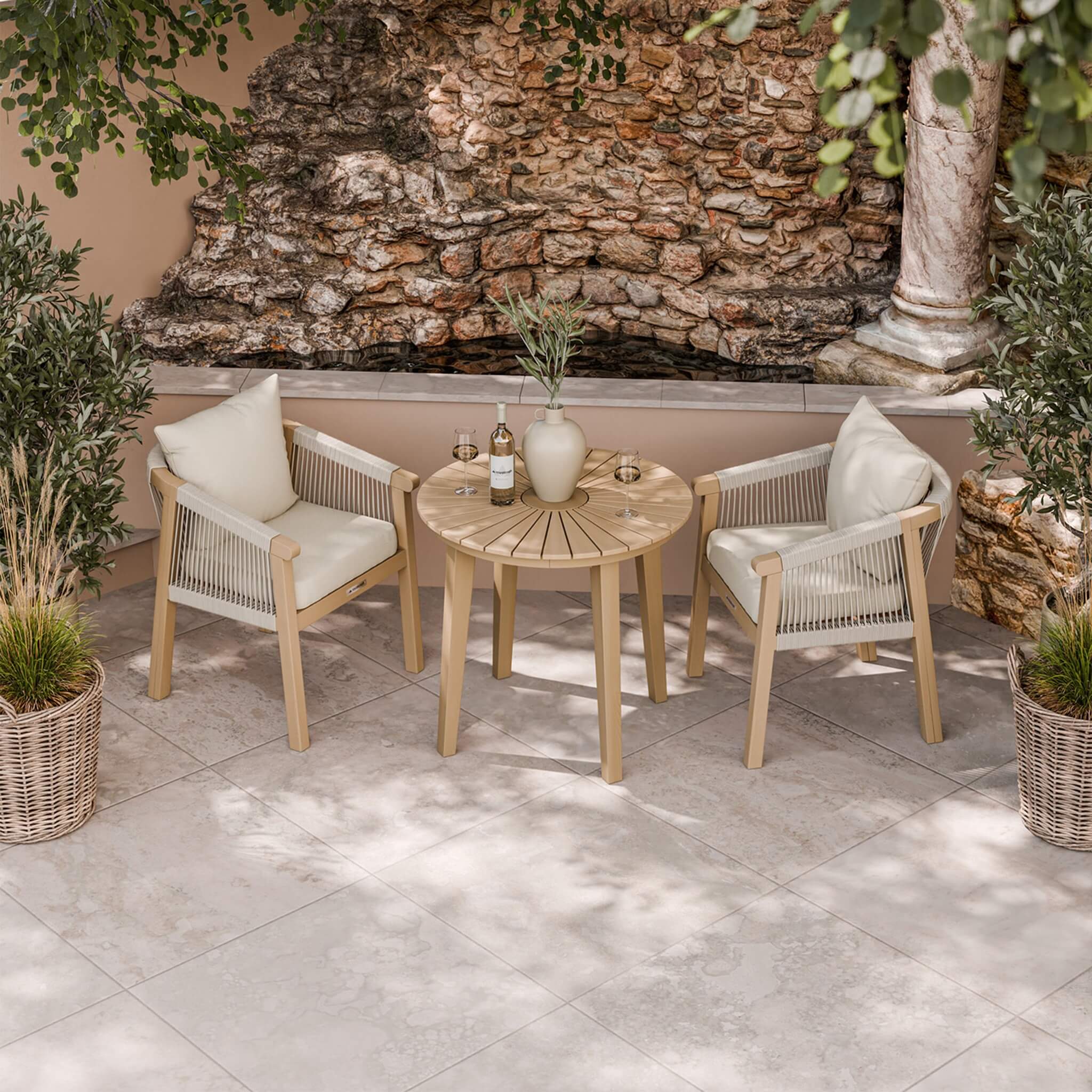 Roma Outdoor 2 Seater Round Bistro Table and Dining Chairs - Beige - DUSK