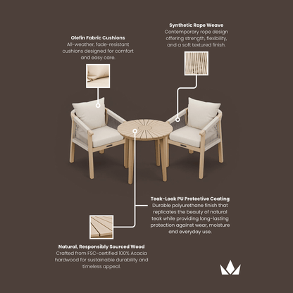 Roma Outdoor 2 Seater Round Bistro Table and Dining Chairs - Beige - DUSK