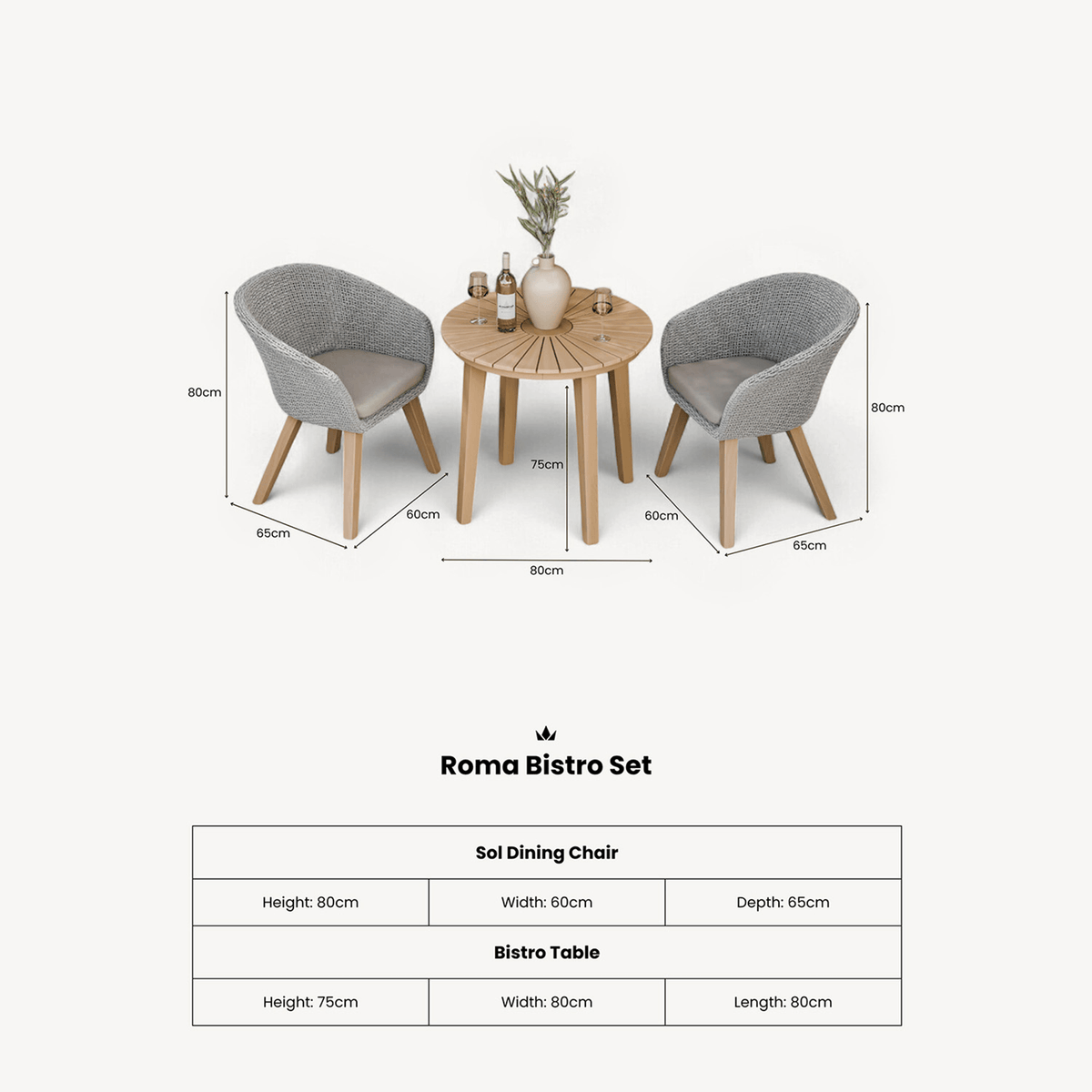 Roma Outdoor 2 Seater Round Bistro Table and Sol Dining Chairs - Beige - DUSK