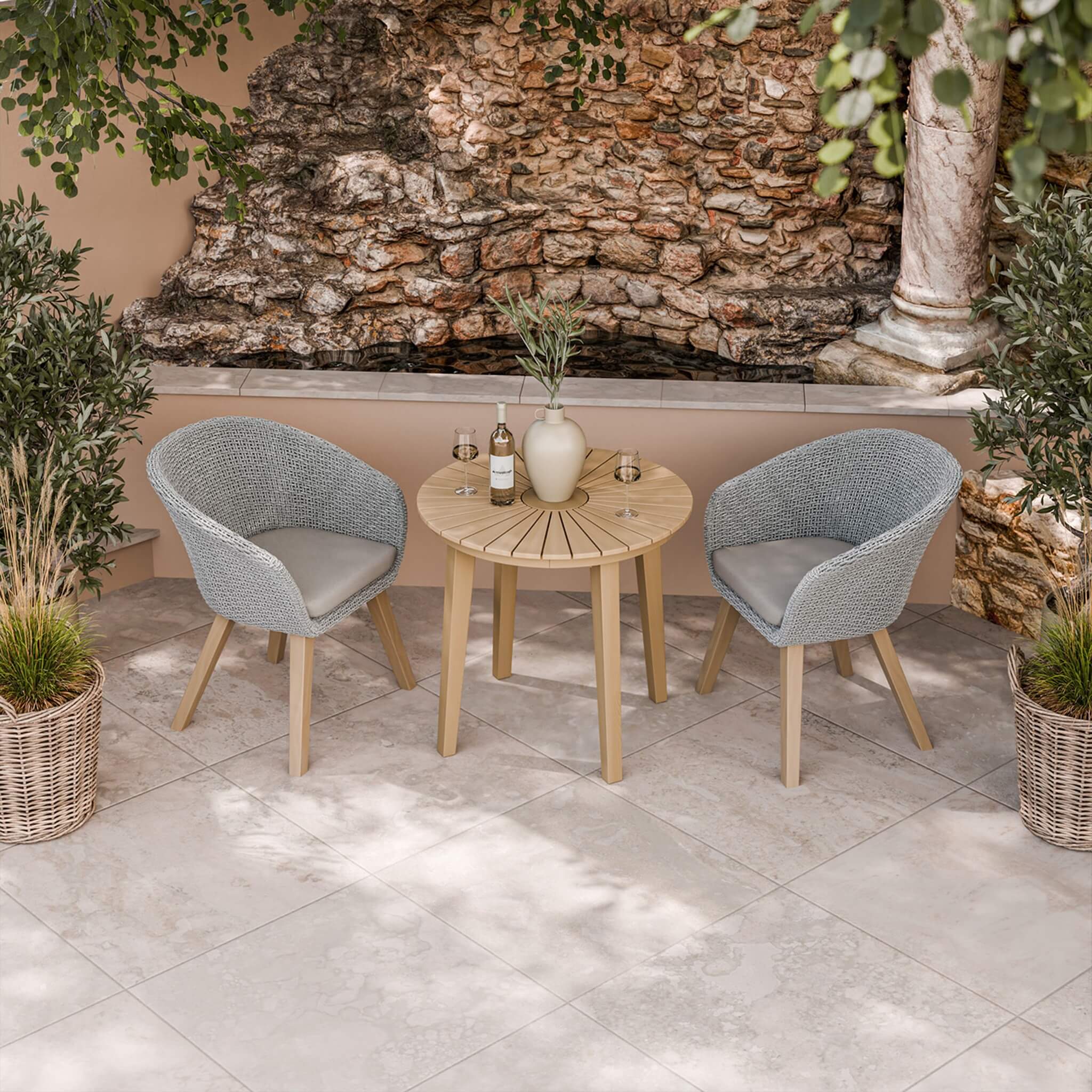 Roma Outdoor 2 Seater Round Bistro Table and Sol Dining Chairs - Beige - DUSK