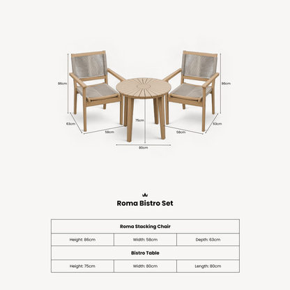 Roma Outdoor 2 Seater Round Bistro Table and Stacking Chairs - Beige - DUSK