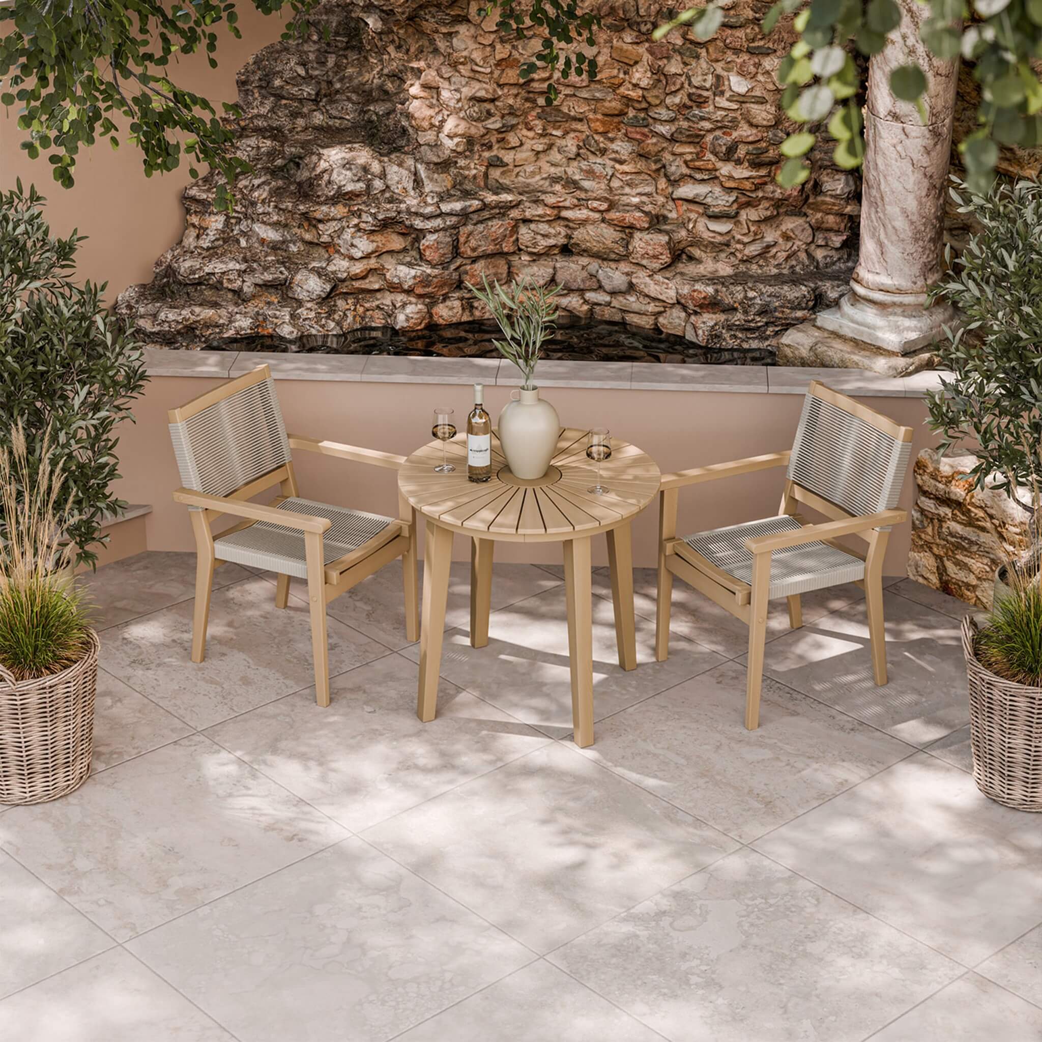 Roma Outdoor 2 Seater Round Bistro Table and Stacking Chairs - Beige - DUSK