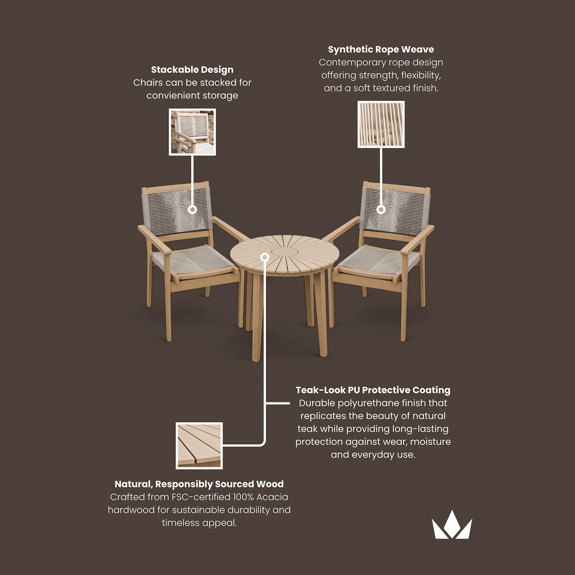 Roma Outdoor 2 Seater Round Bistro Table and Stacking Chairs - Beige - DUSK